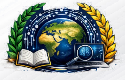 IEJACSIT emblem: a globe encircled by a digital network, flanked by laurel branches, with an open book and a laptop showing a brain circuit